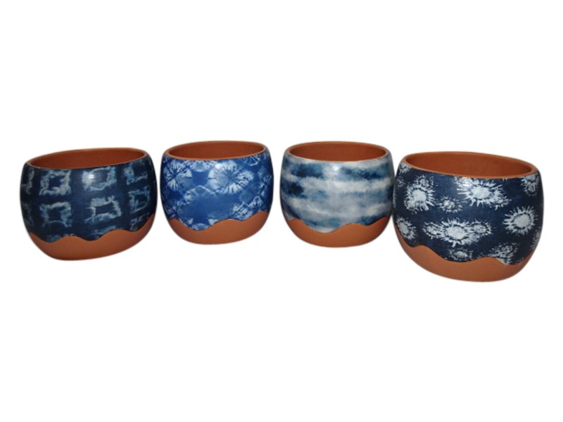 Round Terracotta Blue Pattern Pot